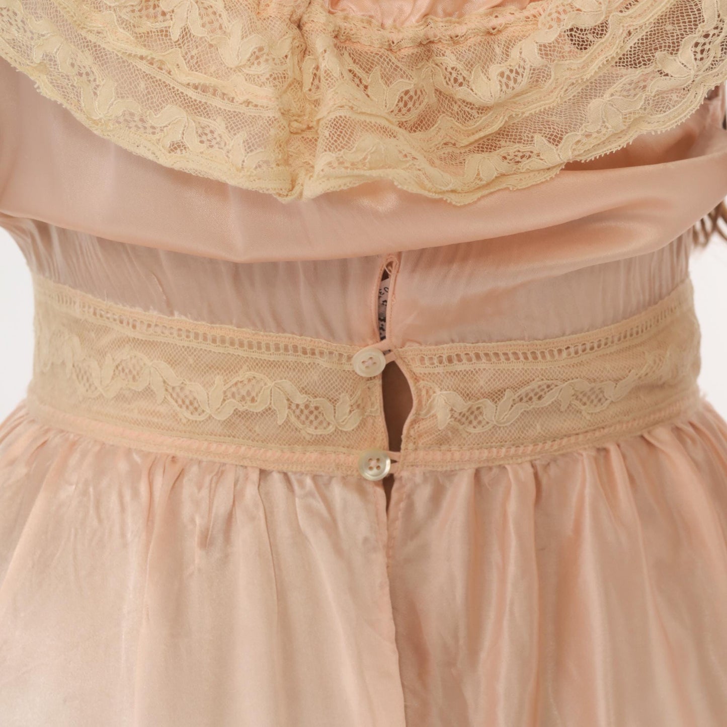 1940s Blush Pink Silk Satin Nightgown Lace Trim Ribbon Tie Small S