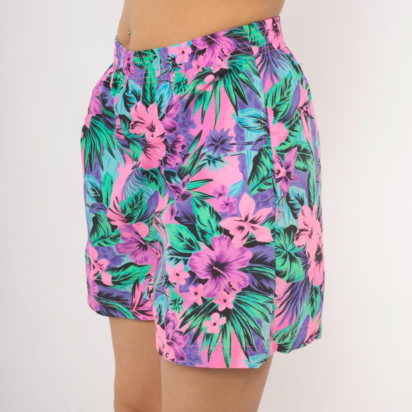 90s Op Neon Tropical Floral Shorts Pink Purple Green Hibiscus Medium M