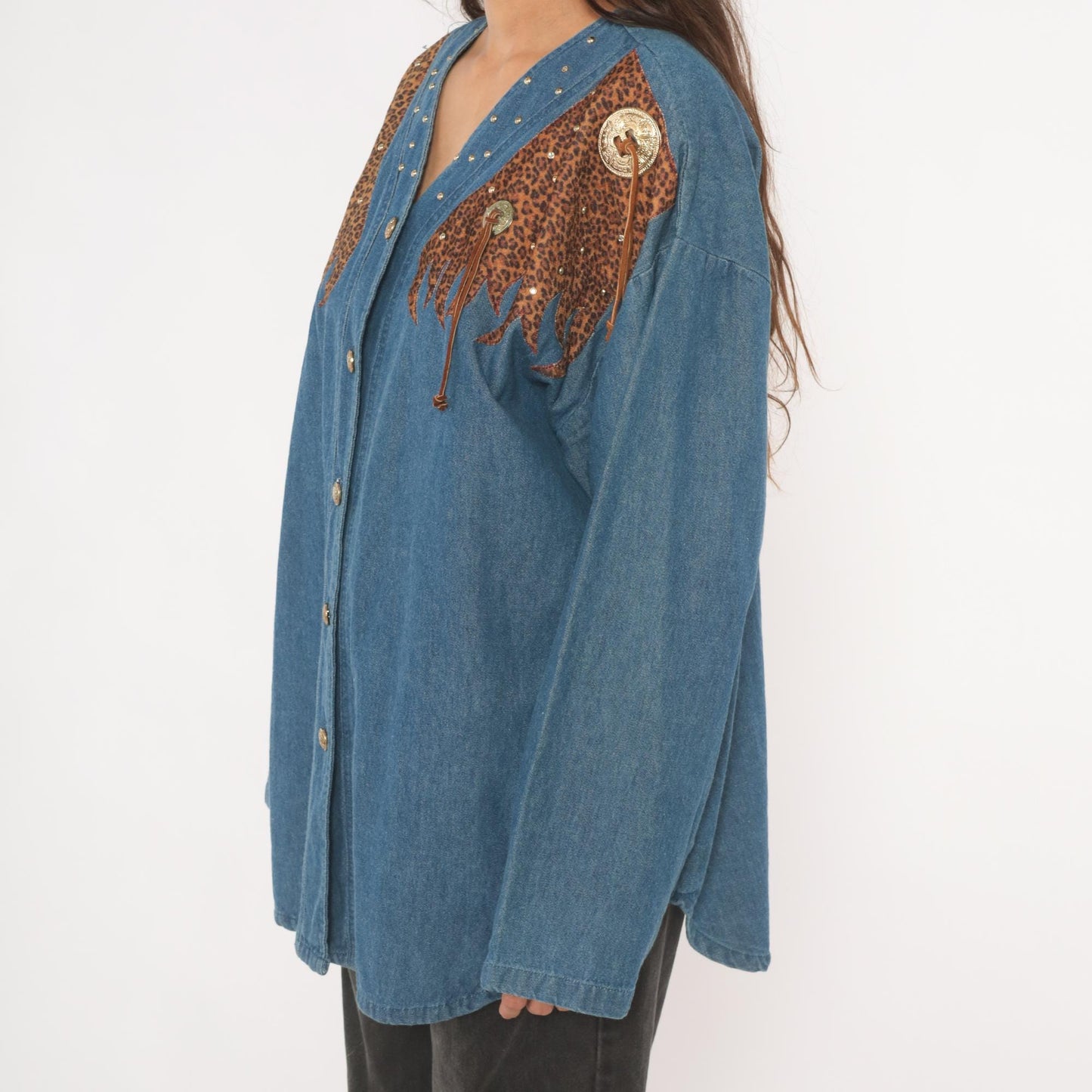 80s Western Leopard Denim Shirt Cotton Studded V-Neck Concho Fringe Large L