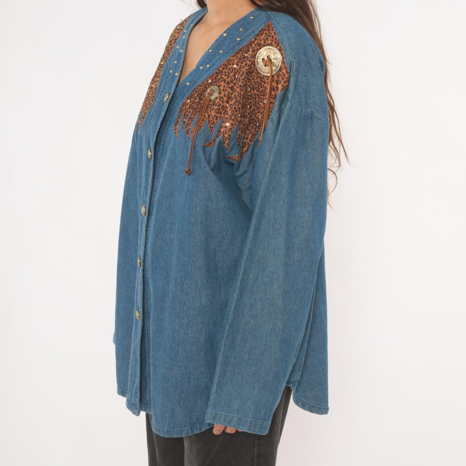 80s Western Leopard Denim Shirt Cotton Studded V-Neck Concho Fringe Large L