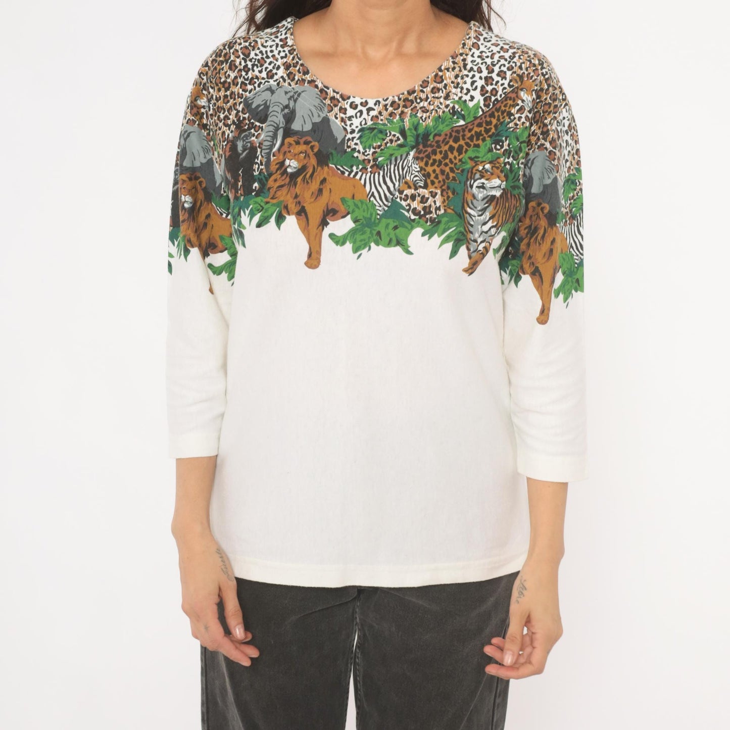 90s Enchante Sport Safari Animal Print Top Jungle Wildlife Cream Medium M