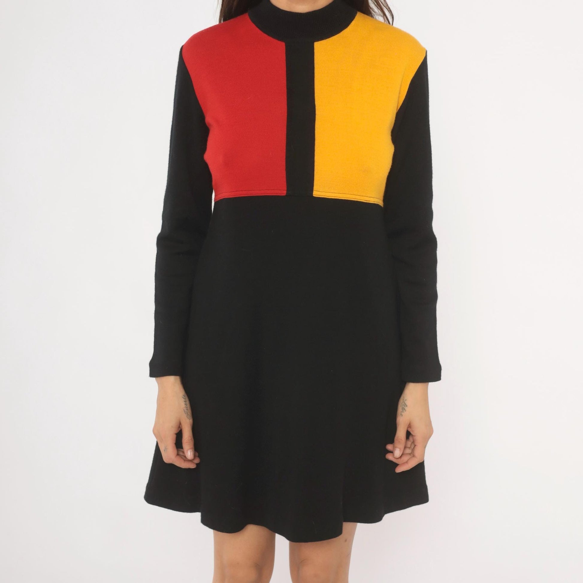 80s Karin Stevens Color Block Mini Dress Red Mustard Mock Neck Medium
