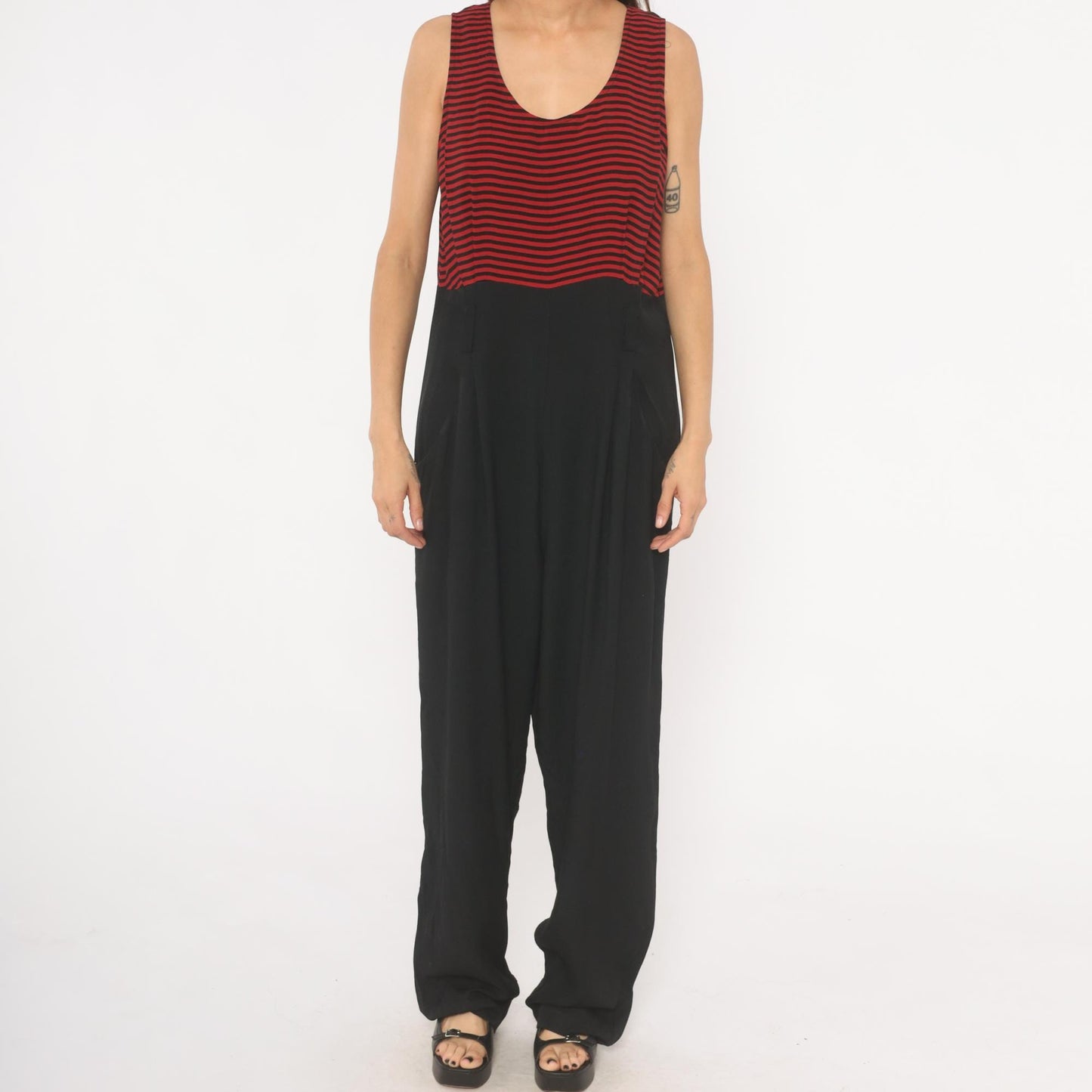 90s Red Black Striped Sleeveless Jumpsuit Wide Leg Maxi Tank Large L