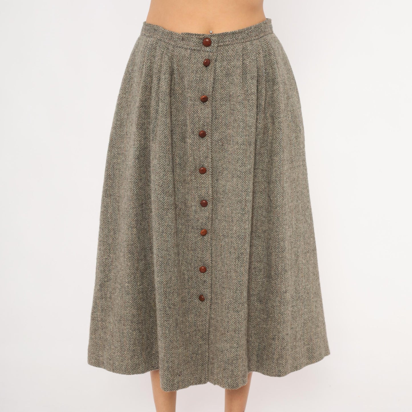 80s David Brooks Wool Herringbone Midi Skirt Grey Tan Pleated Medium L