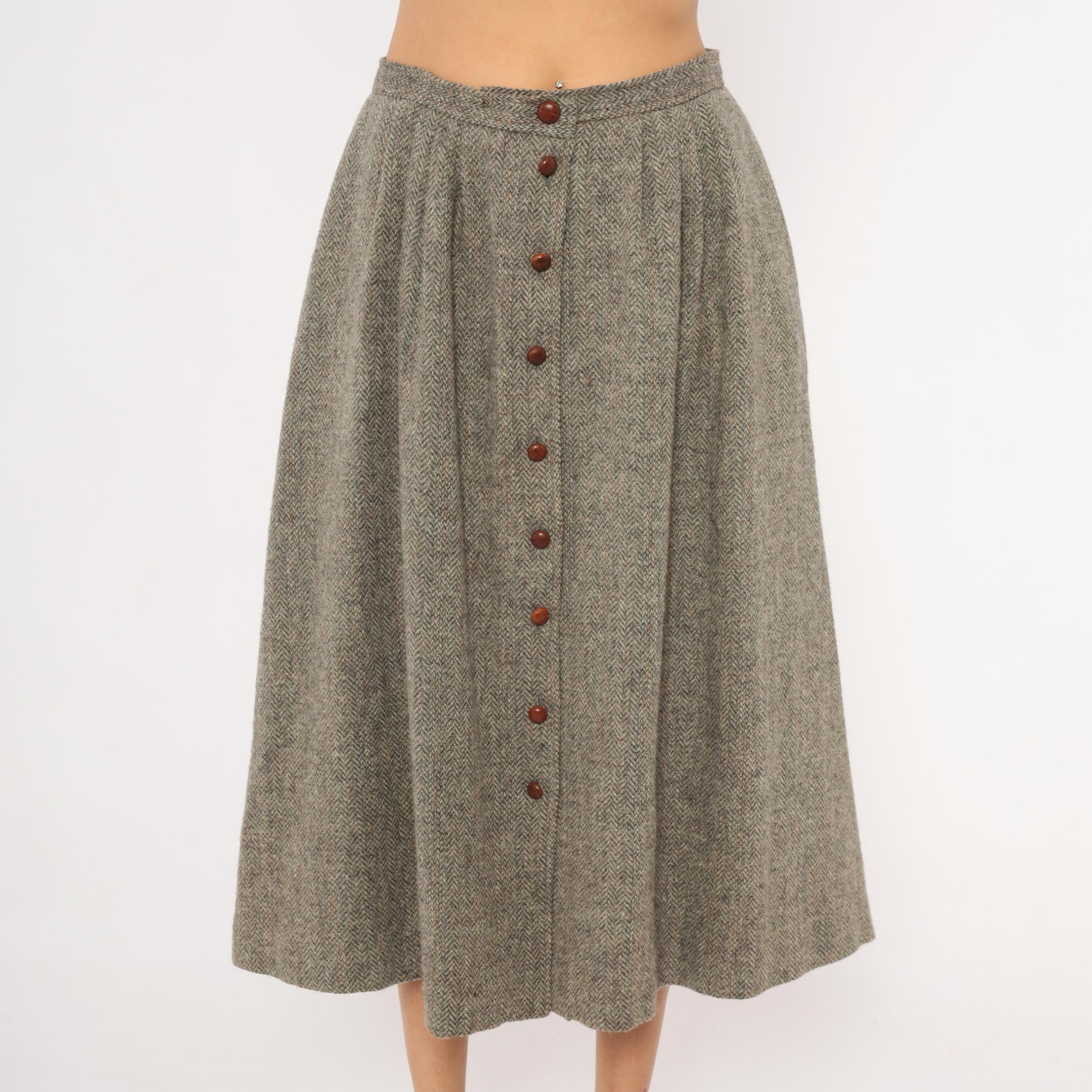 80s David Brooks Wool Herringbone Midi Skirt Grey Tan Pleated Medium L