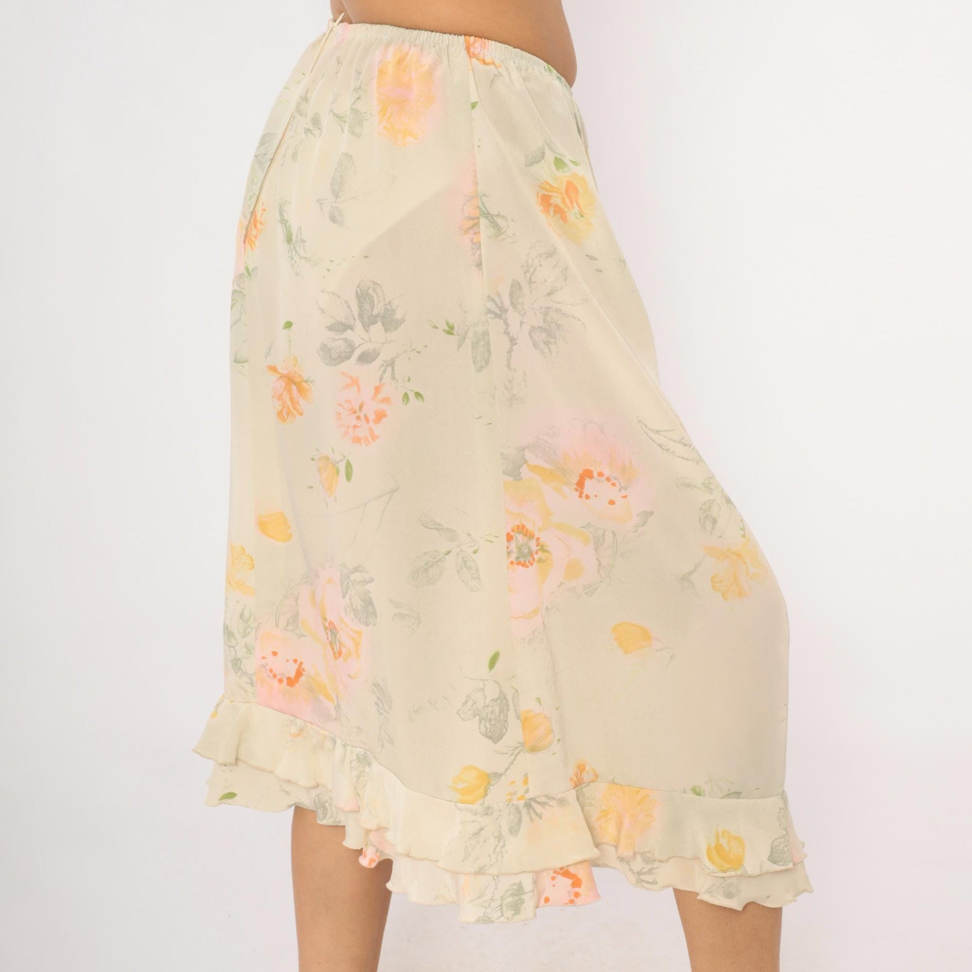 90s Watercolor Floral Midi Skirt Ruffle Hem Cream Peach Sage Green Small
