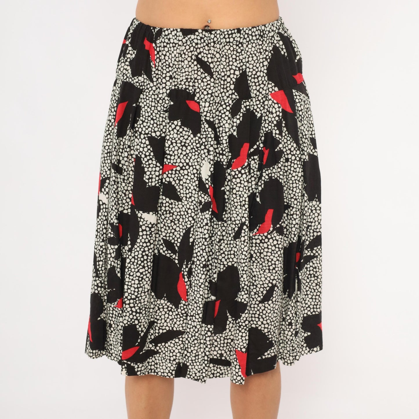 90s Jon Woods Midi Skirt Black White Floral Red Abstract Dotted Medium M