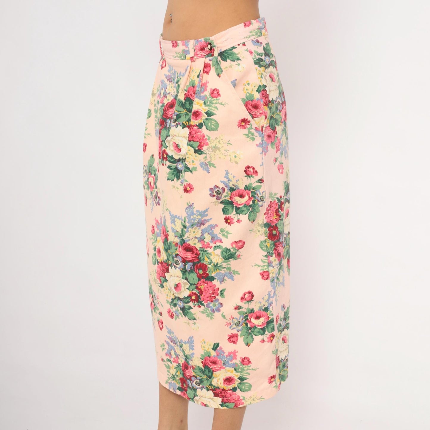 90s On The Verge Floral Midi Pencil Skirt Pink Cotton Large L