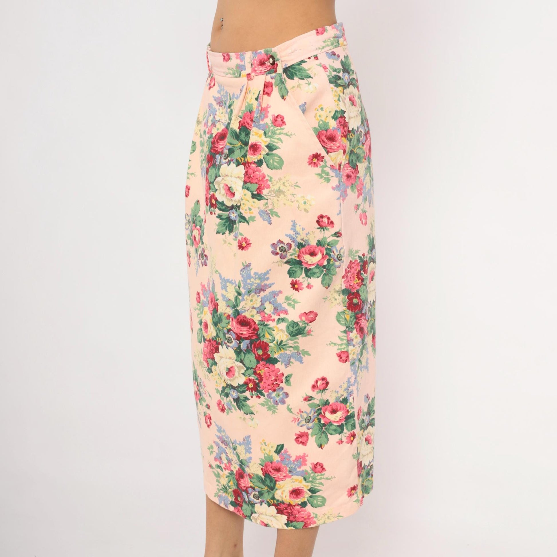 90s On The Verge Floral Midi Pencil Skirt Pink Cotton Large L