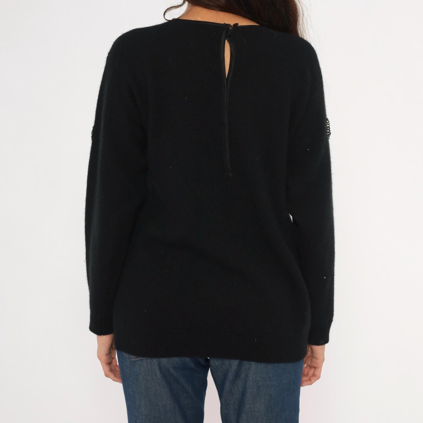 80s Adrienne Vittadini Rhinestone Studded Wool Angora Crewneck Pullover Black Medium