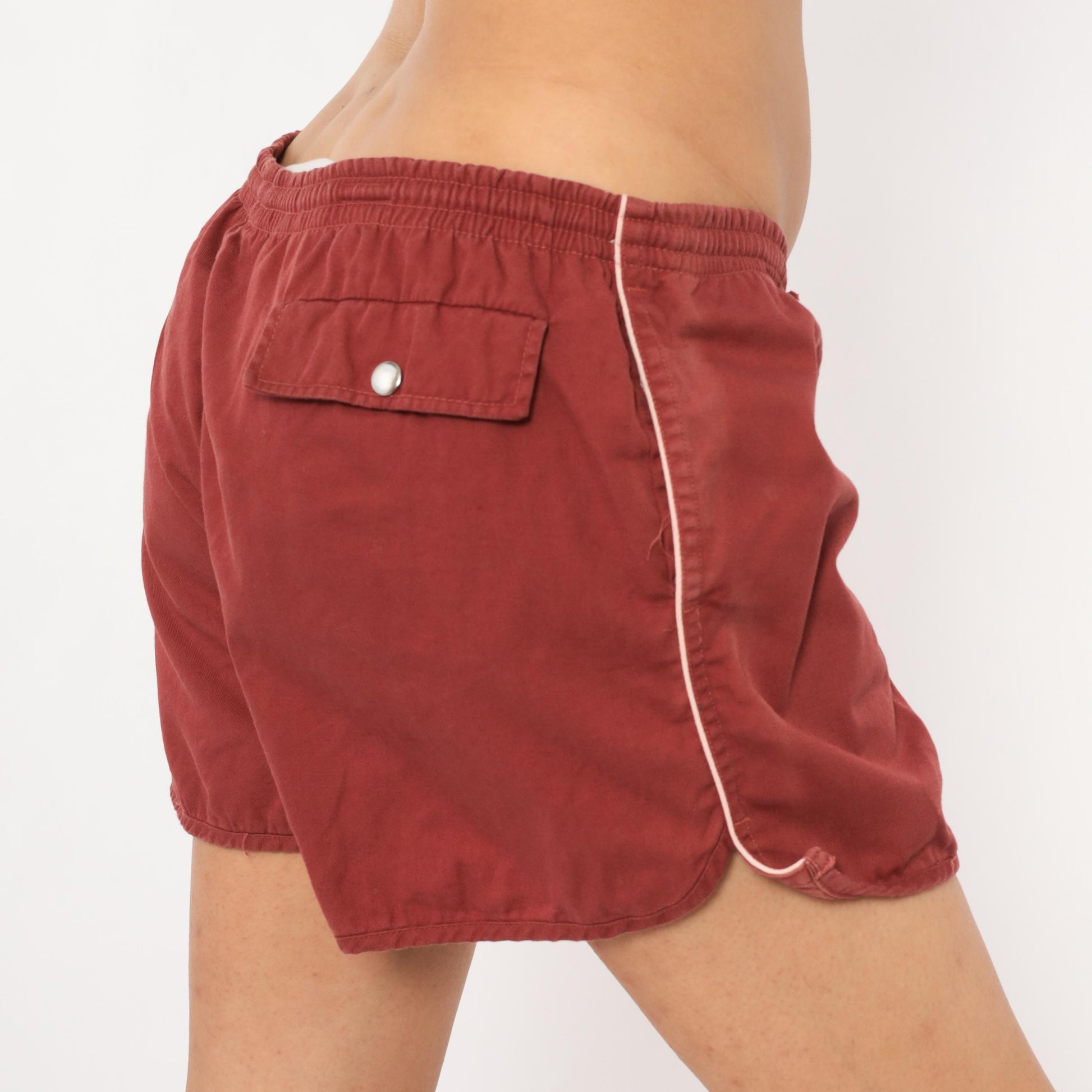 80s Repage Burgundy Swim Trunks Drawstring Waist Cotton Contrast Piping Large L