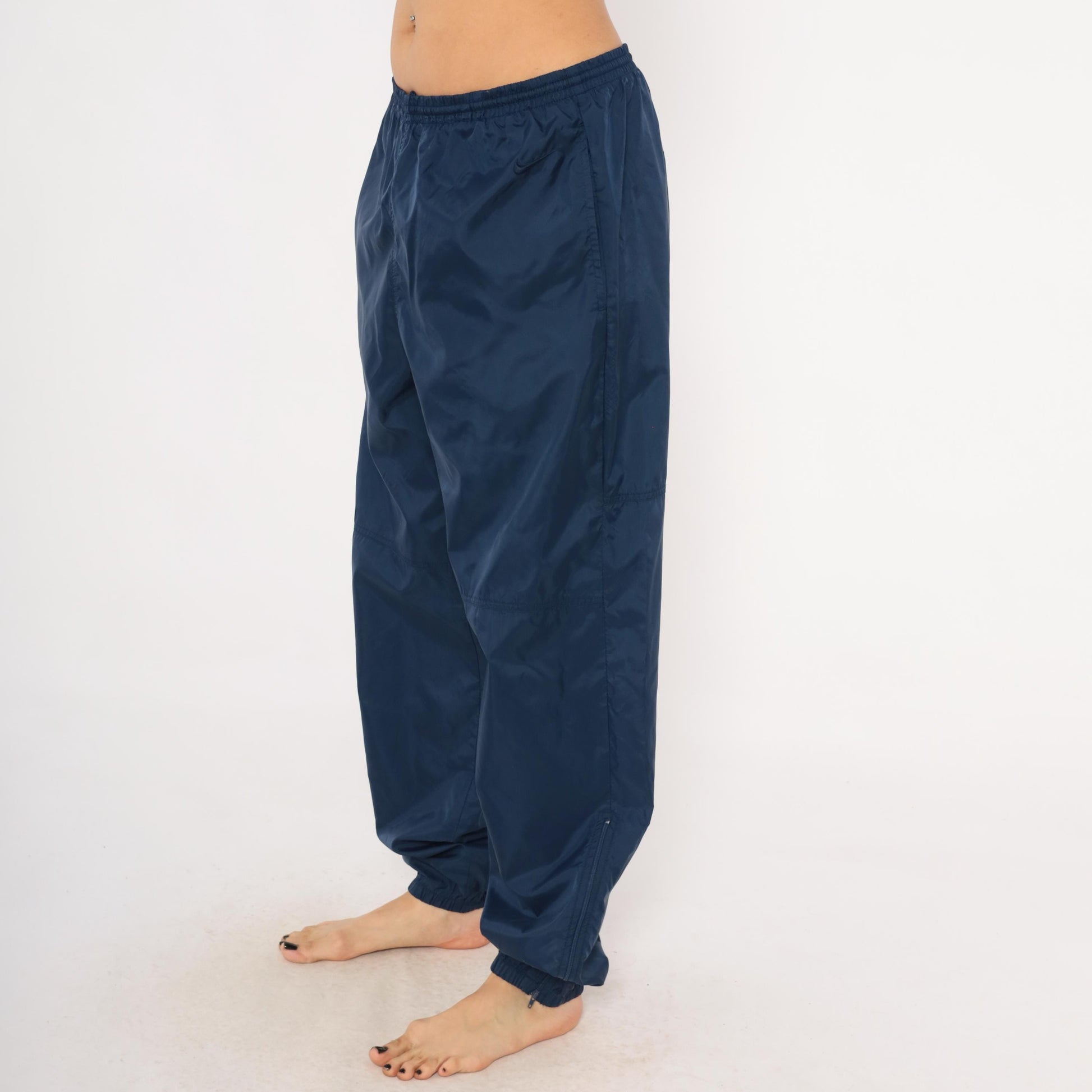 90s Nike Navy Nylon Track Pants Tapered Joggers Drawstring Large L