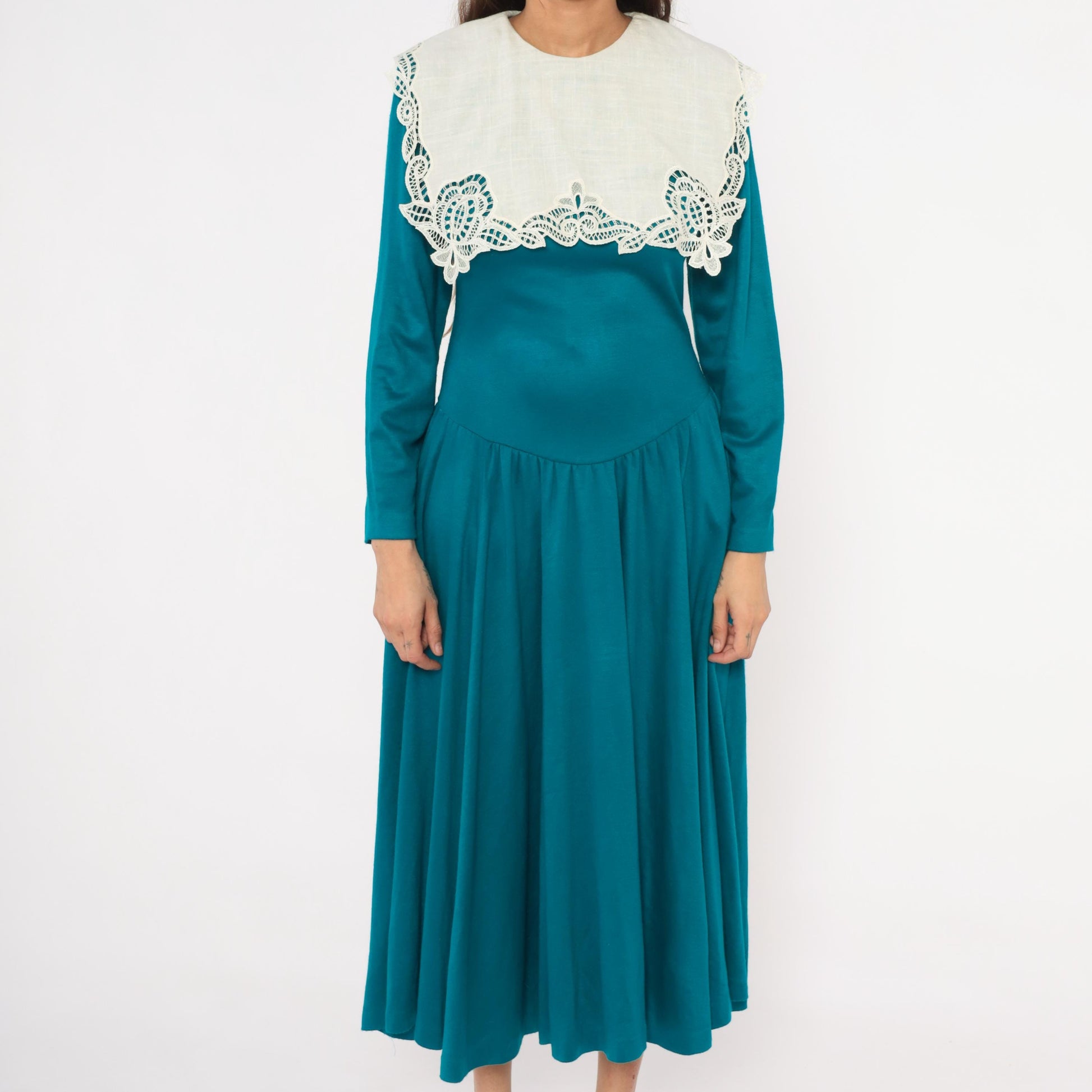 80s Expo Teal Midi Dress Cream Scalloped Lace Collar Small Medium