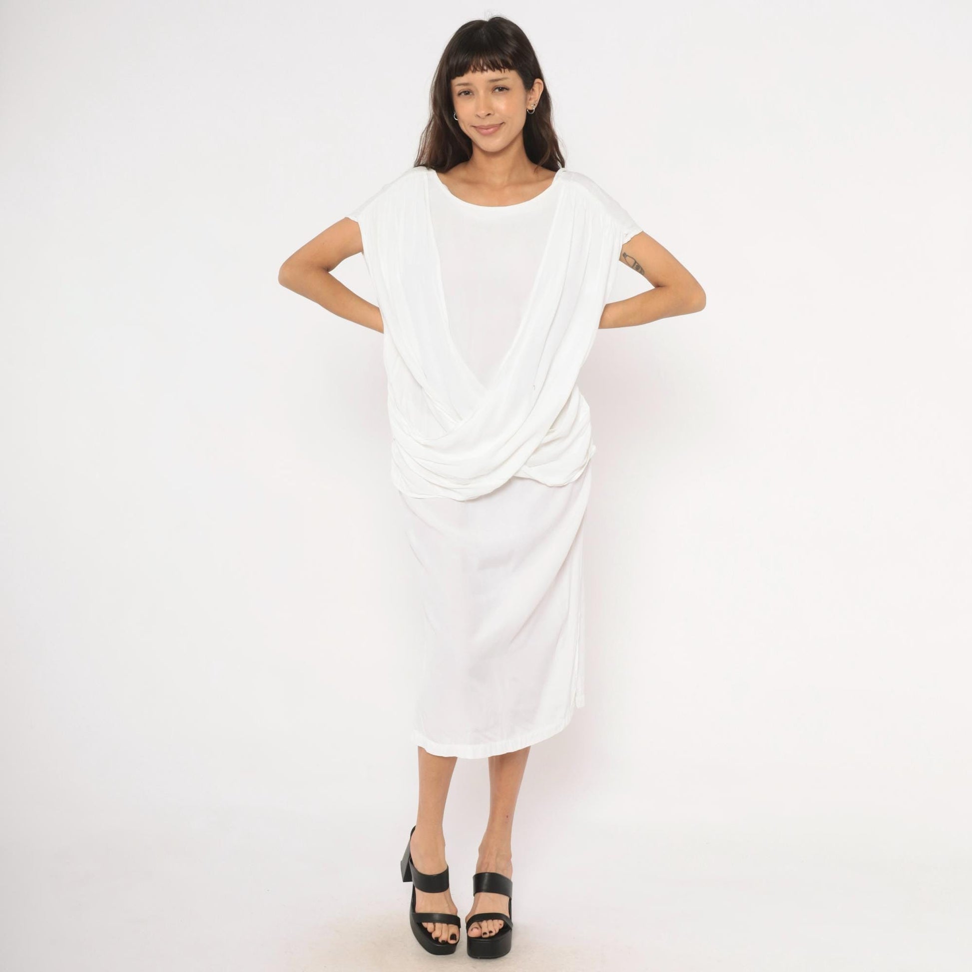 80s Police File White Grecian Midi Dress Cowl Drape Low Back Large L