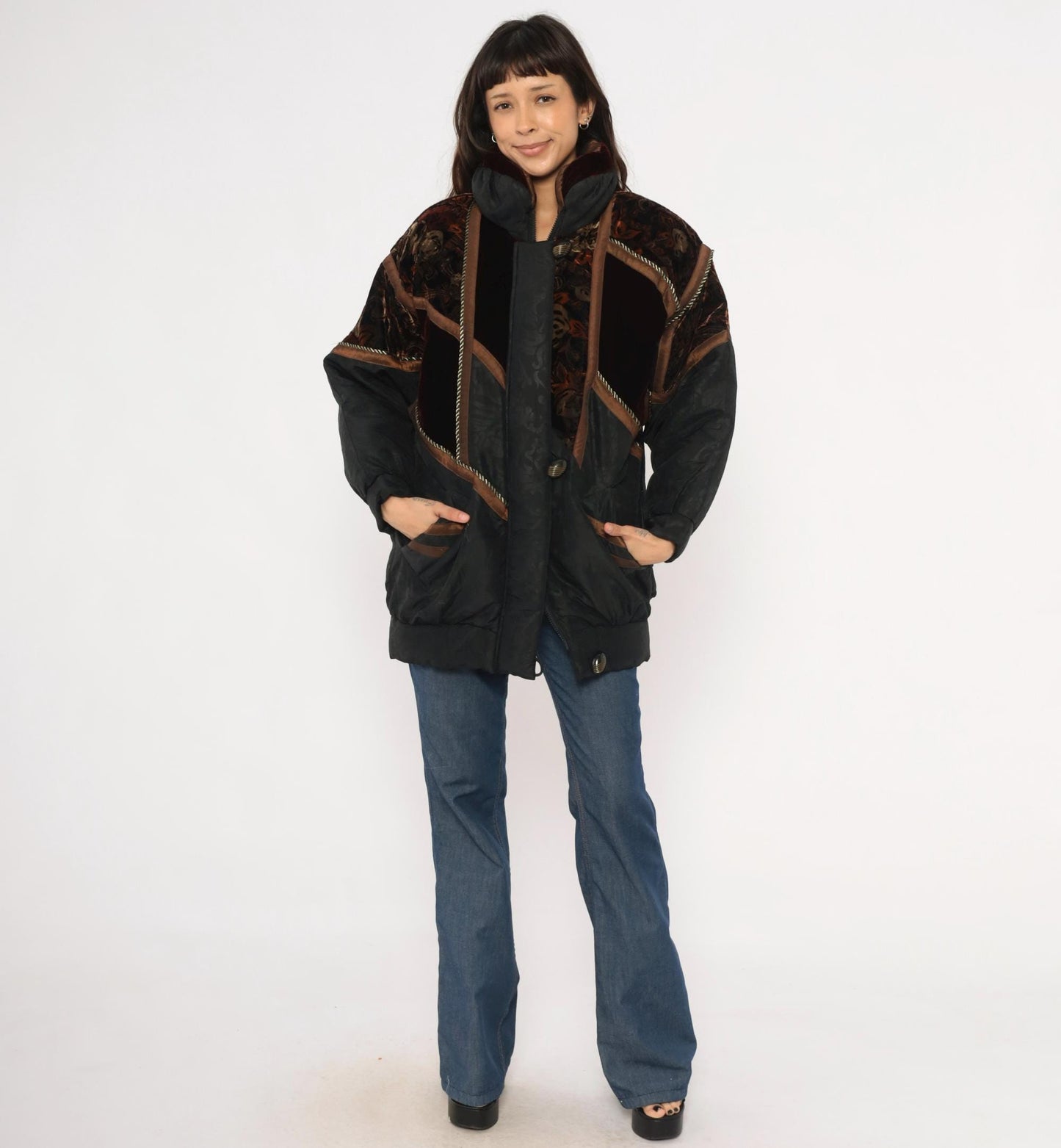 90s Frozen Dreams Velvet Patchwork Puffer Jacket Black Burgundy Extra Small
