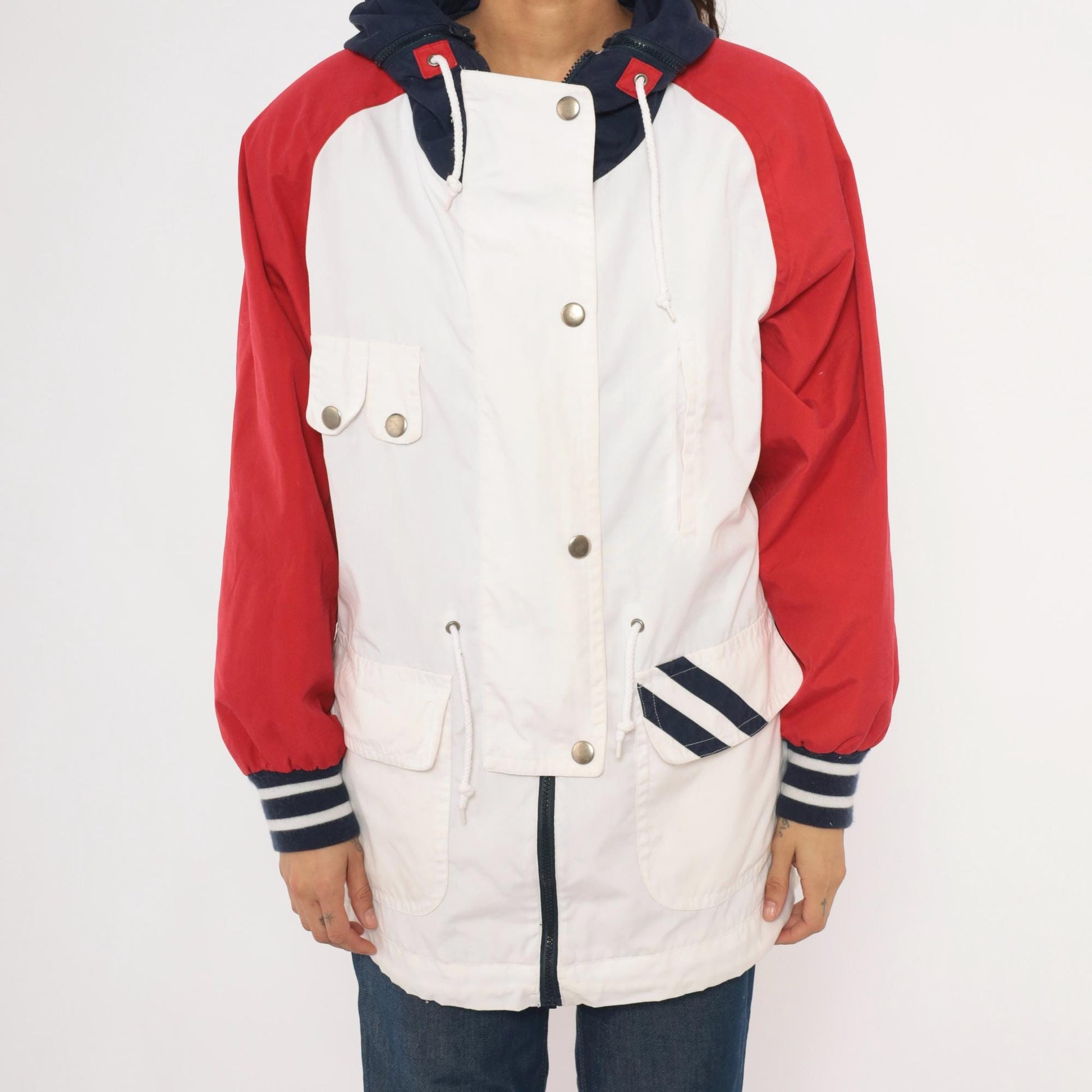 90s Mulberry Street Colorblock Windbreaker Hooded Snap Jacket White Red Navy Medium M