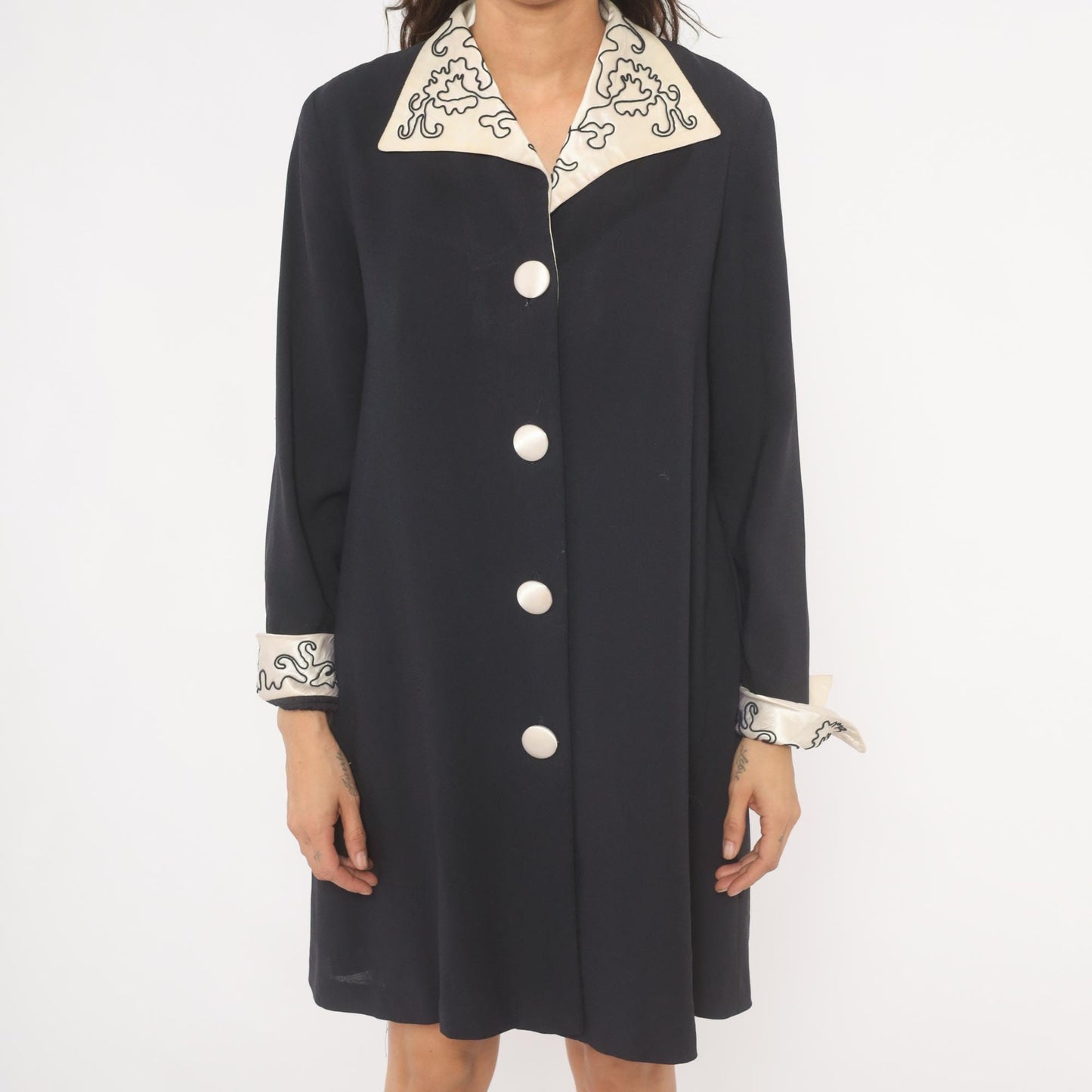 90s Navy Coat Dress Embroidered Ivory Collar White Dome Buttons Medium M