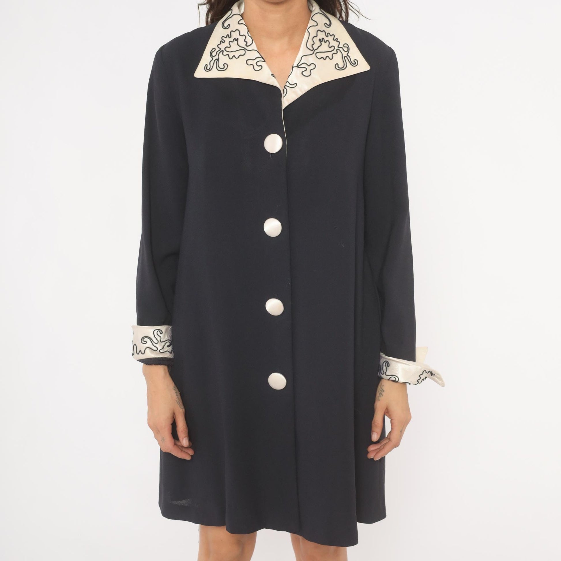 90s Navy Coat Dress Embroidered Ivory Collar White Dome Buttons Medium M