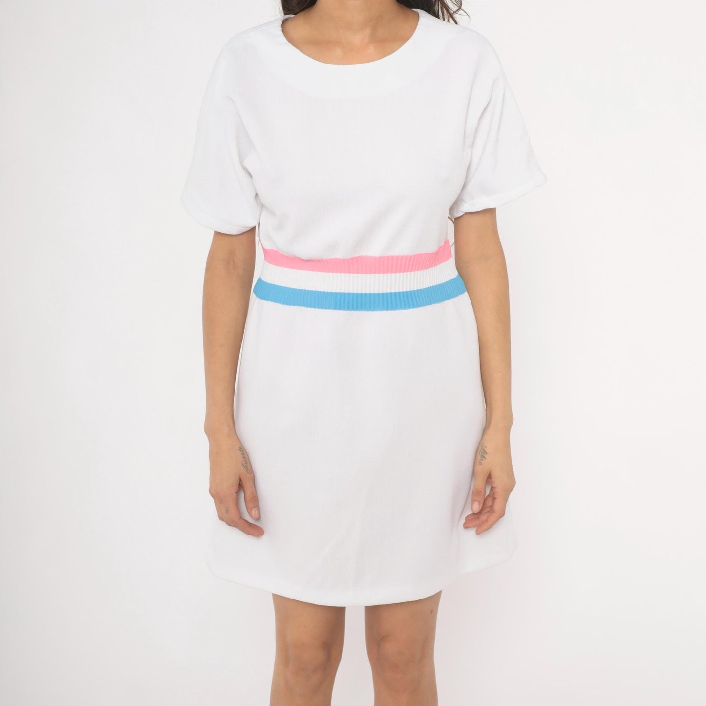 70s White Striped Ribbed Knit Pullover Dress Pink Blue A-Line Knee Length Large L