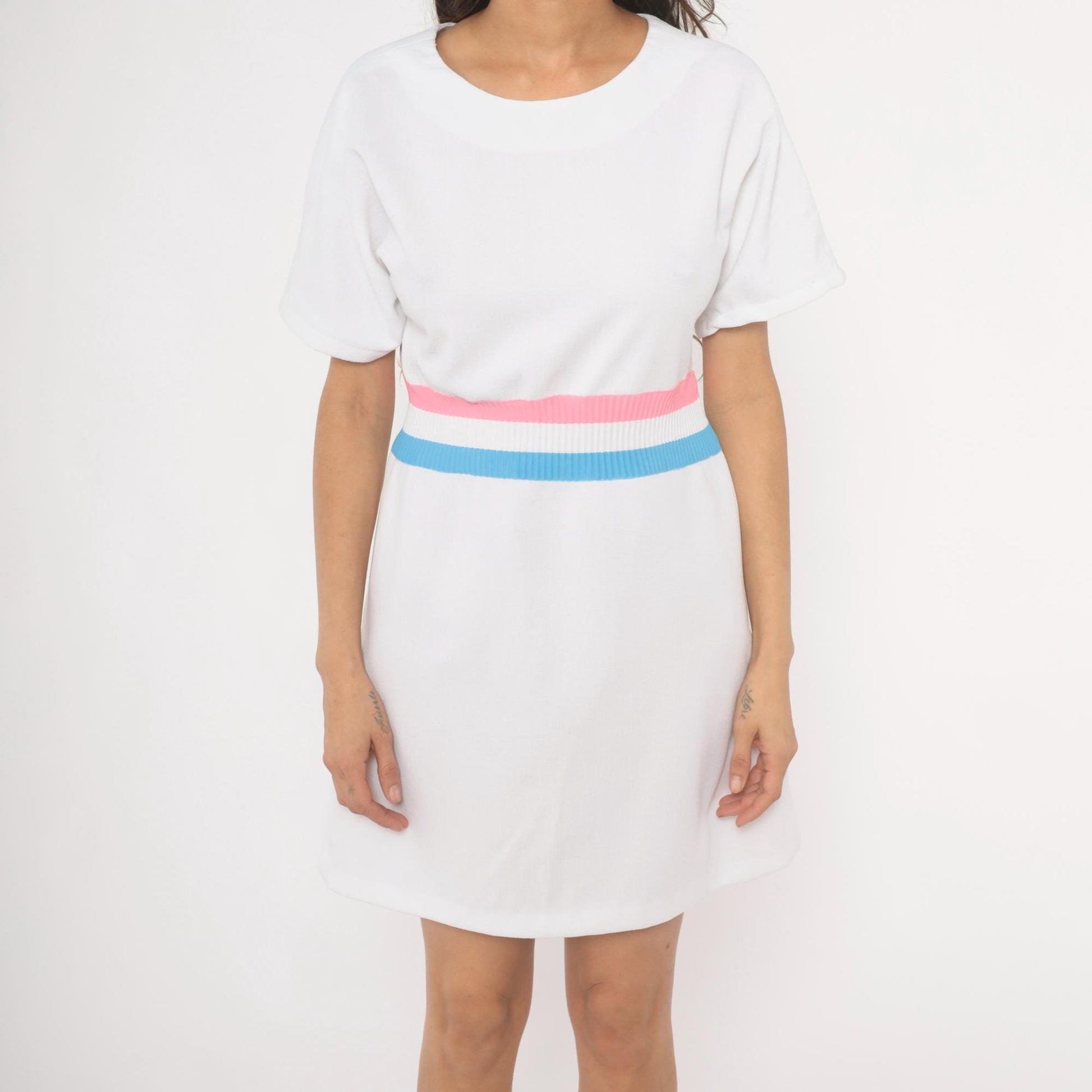 70s White Striped Ribbed Knit Pullover Dress Pink Blue A-Line Knee Length Large L