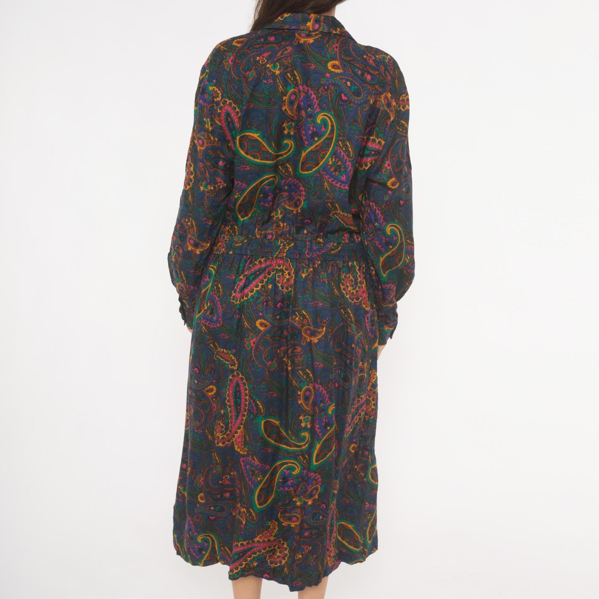 90s Tanner Paisley Midi Dress Navy Teal Pink Gold Long Sleeve Large L