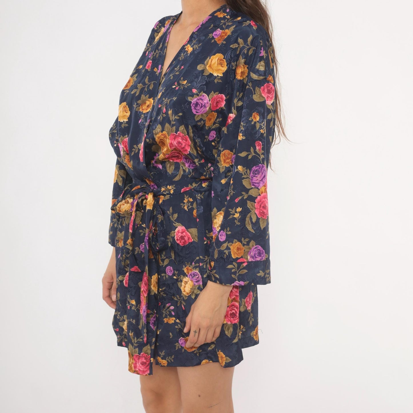 90s M.T. Morgan Taylor Navy Floral Kimono Robe Mini Wrap Tie Front Medium Large