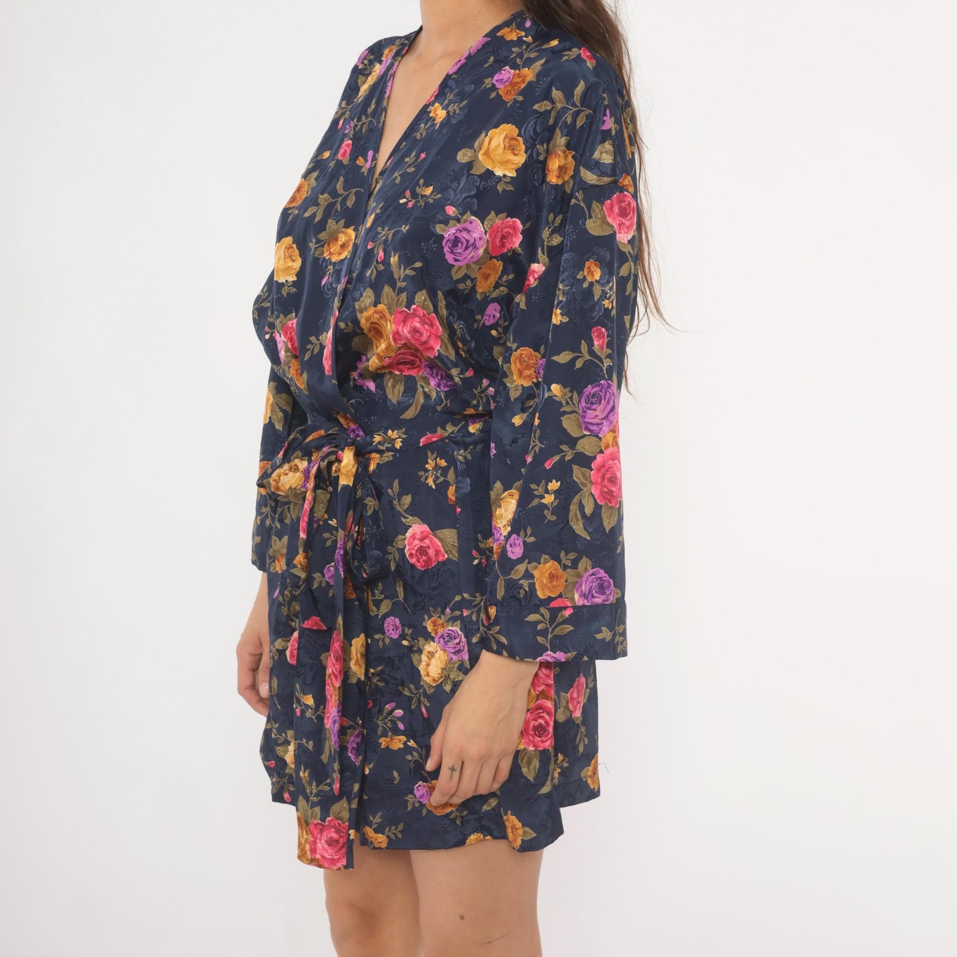 90s M.T. Morgan Taylor Navy Floral Kimono Robe Mini Wrap Tie Front Medium Large