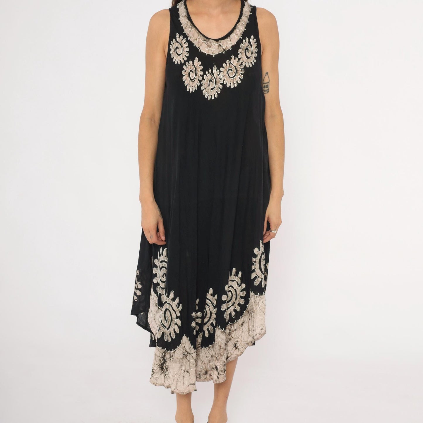 90s Black Batik Maxi Dress Cream Spiral Embroidered Trapeze Tank Medium