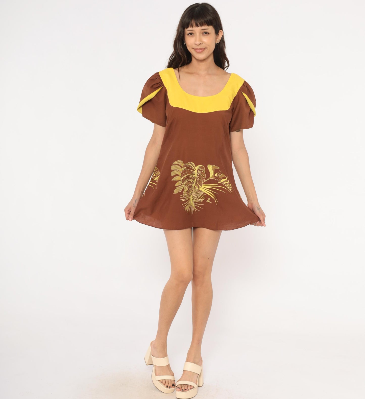 70s Tropical Monstera Puff Sleeve Mini Dress Brown Gold Small S