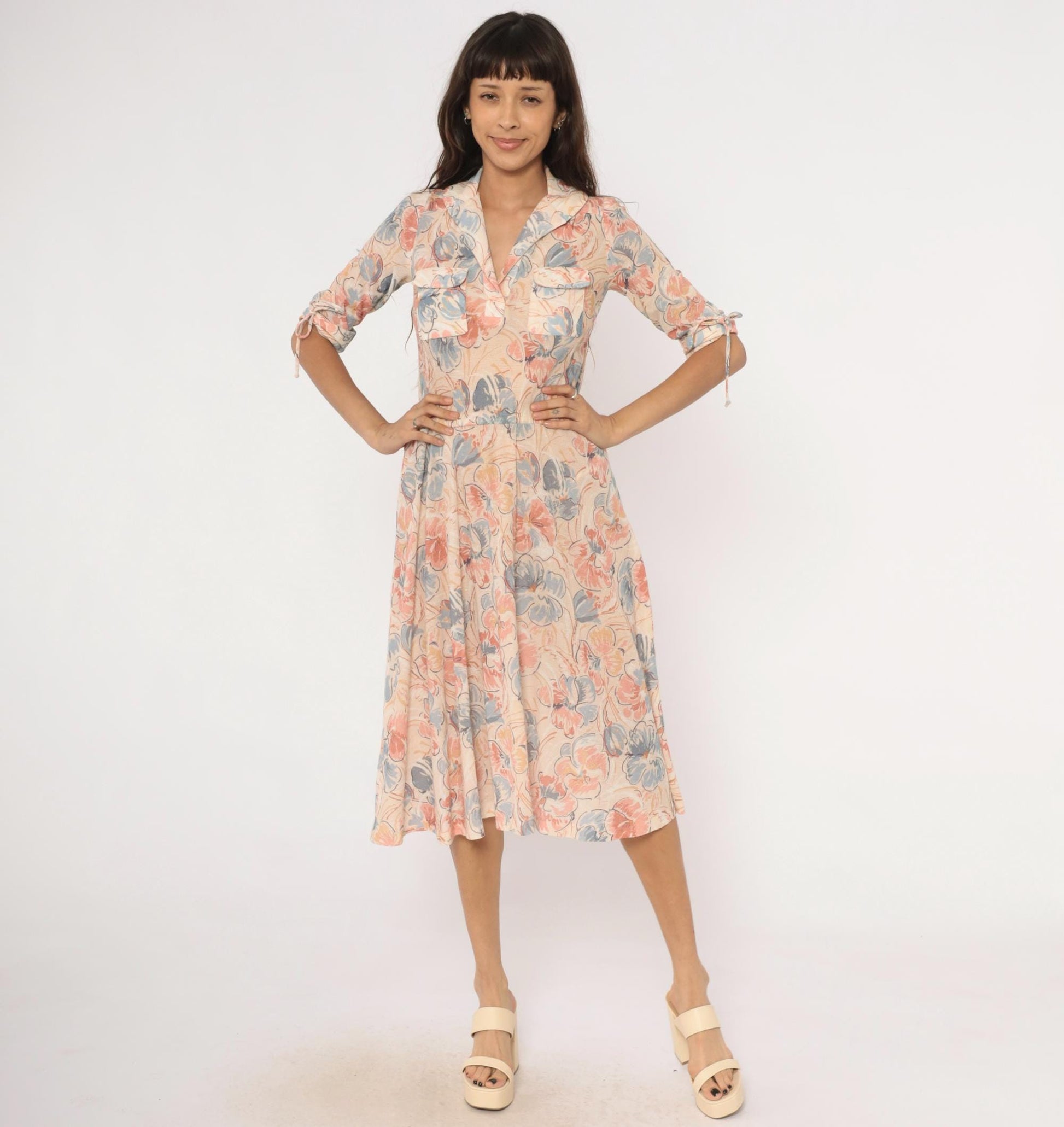 80s Watercolor Floral Midi Dress Notched Collar Tie Sleeve Cream Blush Small