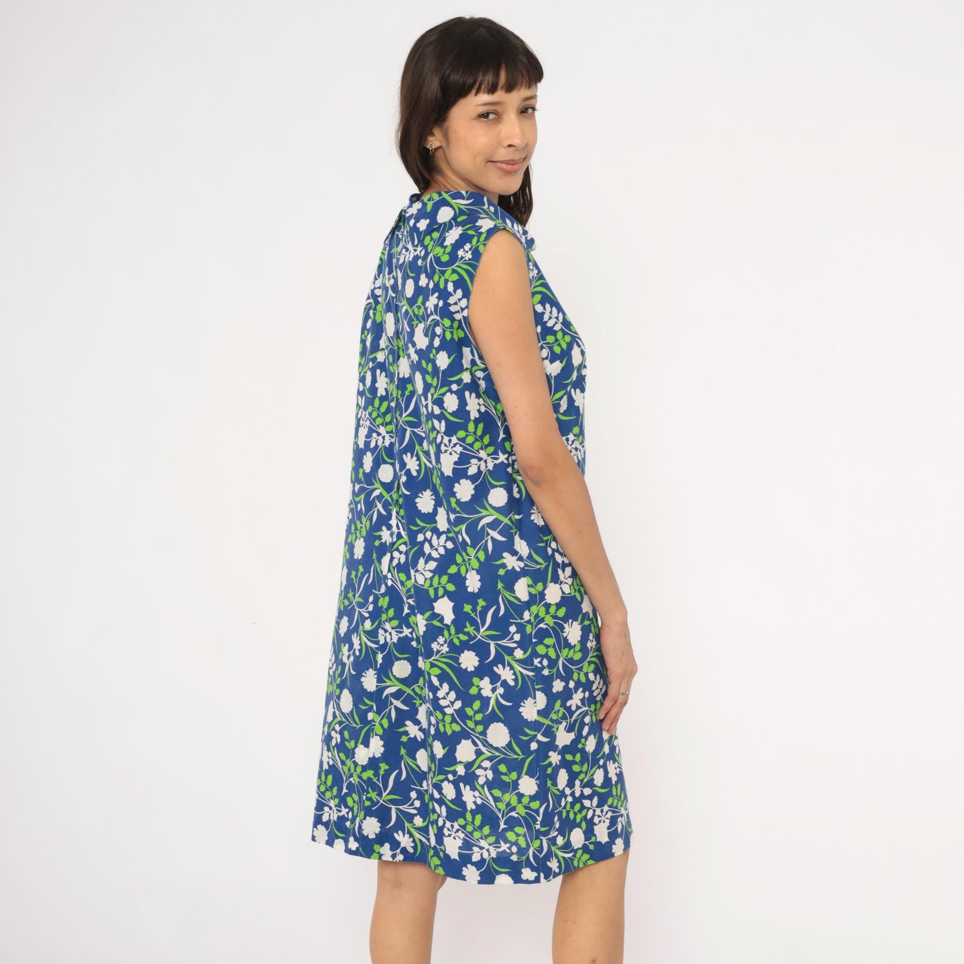 80s Mr. B California Blue Floral Shift Dress Cowl Neck Knee-Length Medium
