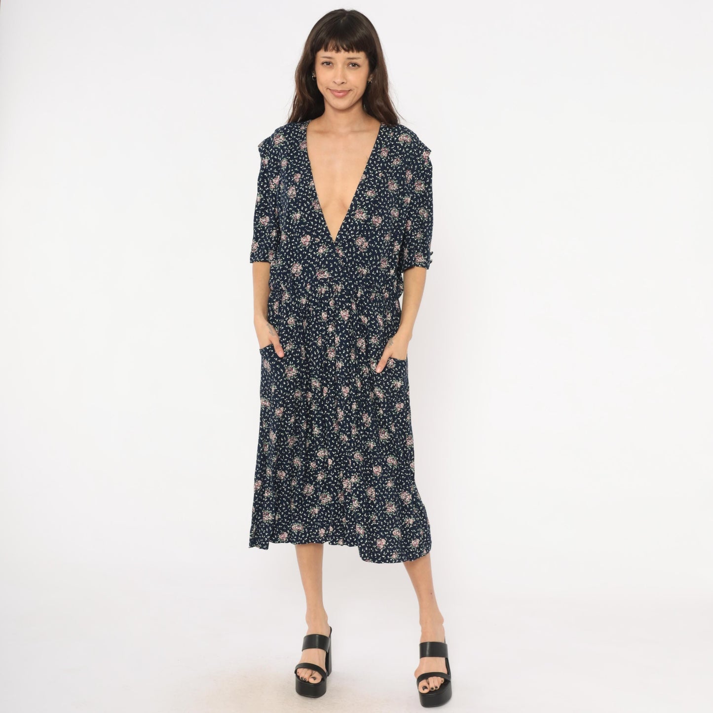 90s Navy Floral Midi Dress Pink Rose Print Deep V Neck Short Sleeve XL