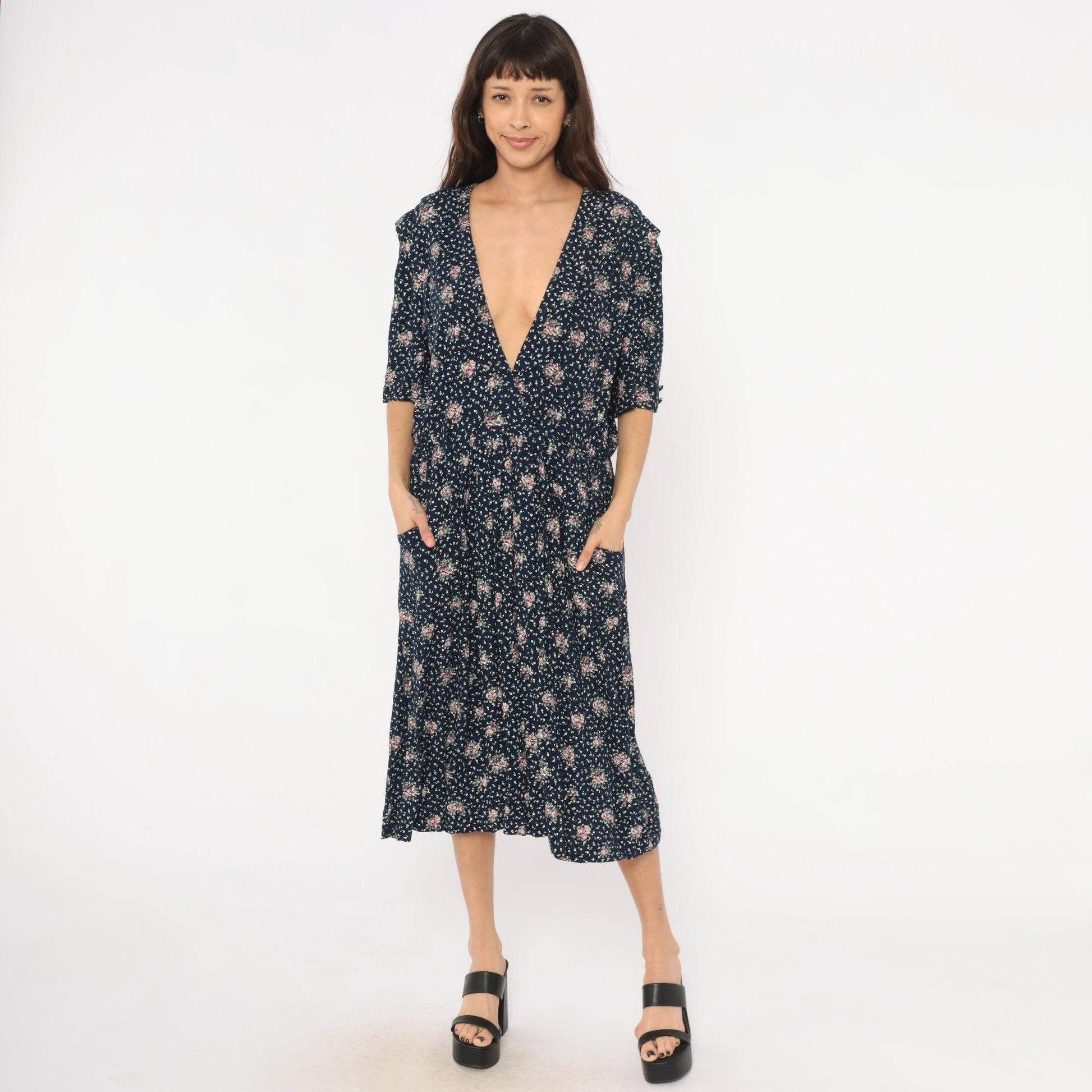 90s Navy Floral Midi Dress Pink Rose Print Deep V Neck Short Sleeve XL