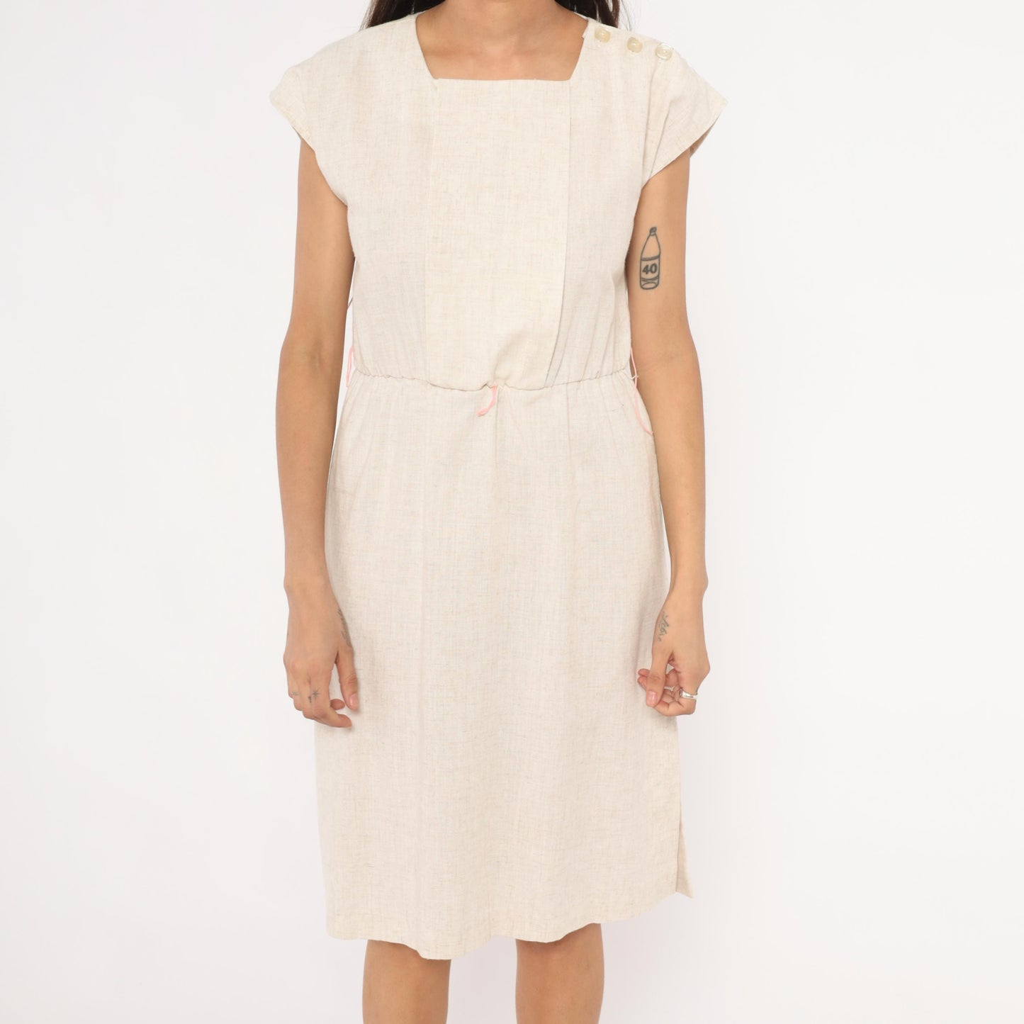 80s Oatmeal Linen Sheath Dress Square Neck Cap Sleeve Knee Length Small