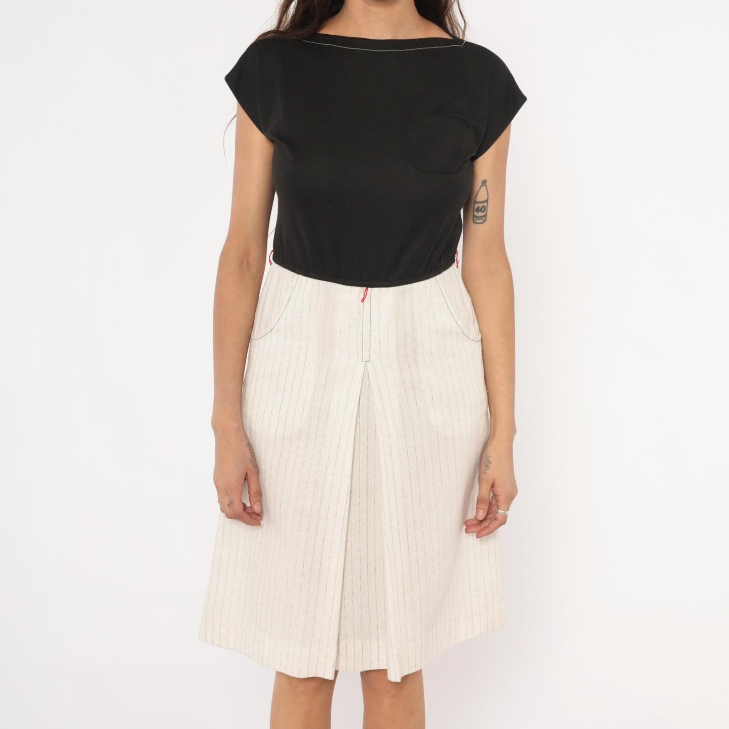 80s Melissa Petites Pinstripe Linen Knee-Length Skirt Cream Small S