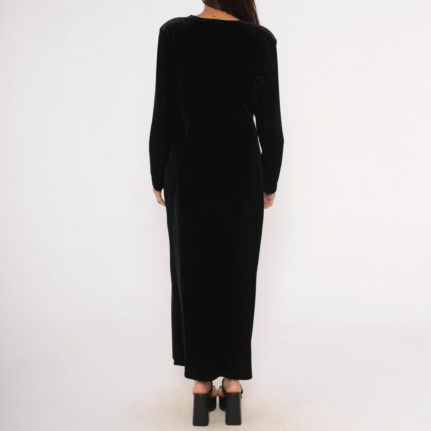 90s Robbie Bee Black Velvet Maxi Dress Surplice Neckline Long Sleeve Large L