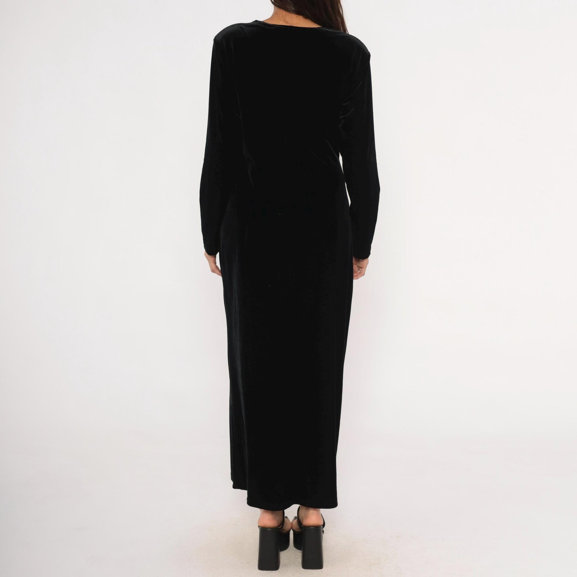 90s Robbie Bee Black Velvet Maxi Dress Surplice Neckline Long Sleeve Large L
