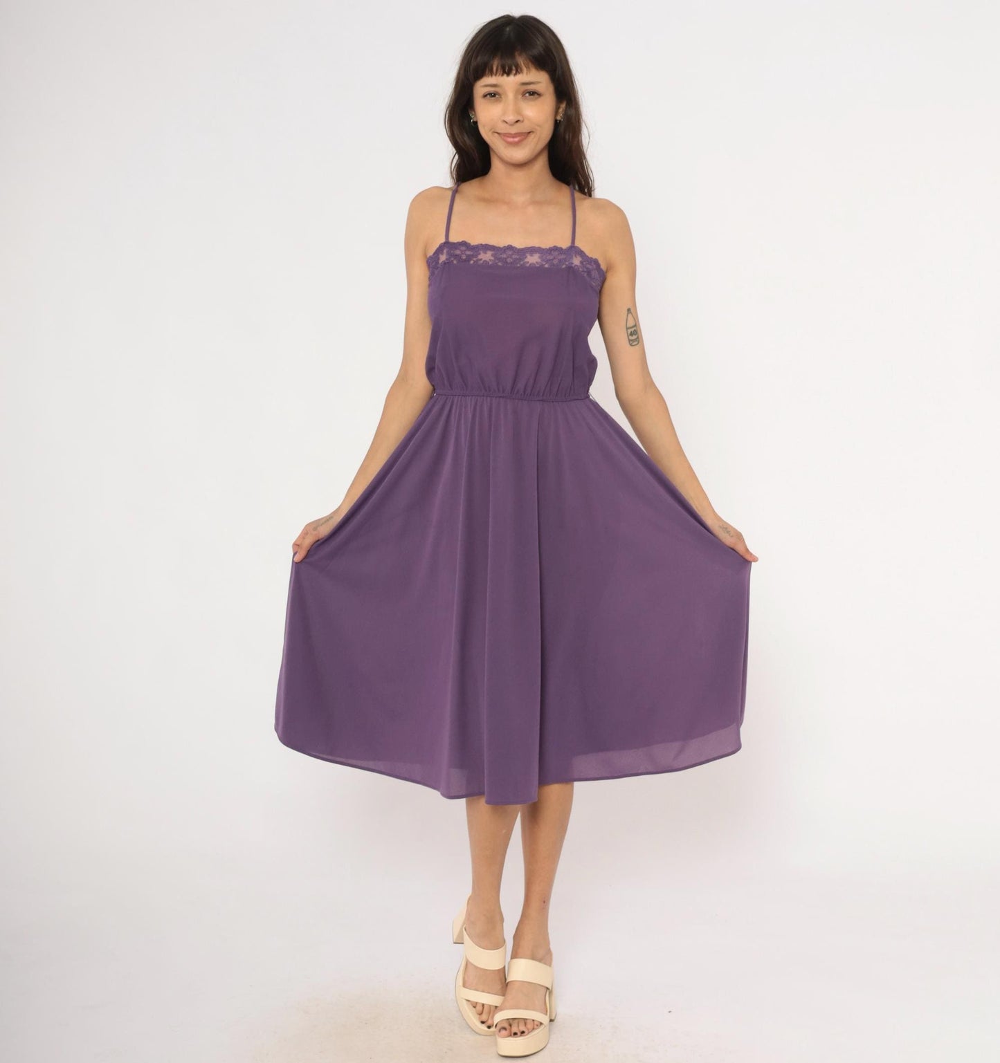 70s Purple Spaghetti Strap Dress Lace Trim Knee Length A-Line Small
