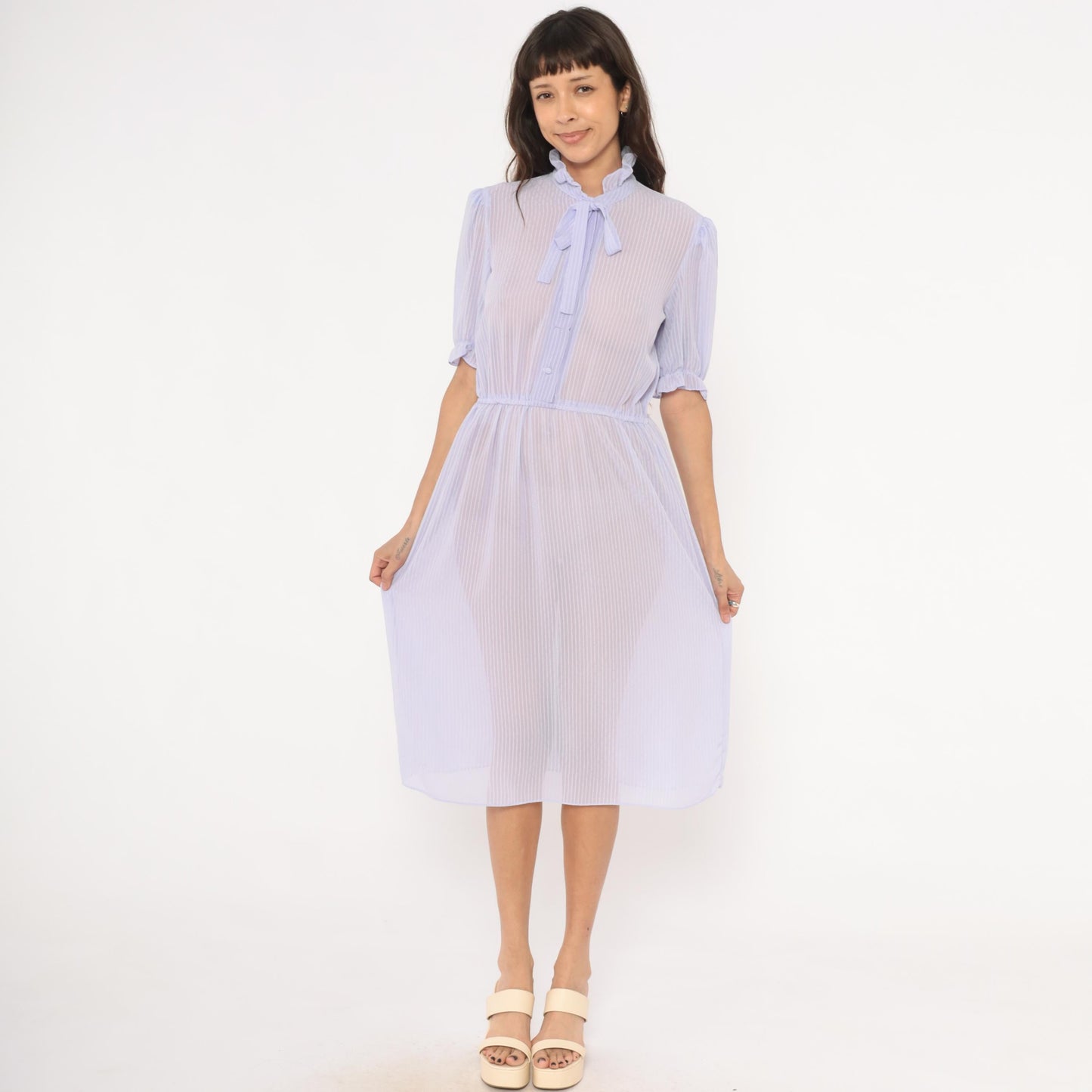 80s Lavender Sheer Stripe Dress Puff Sleeve Bow Tie Ruffle Collar Small