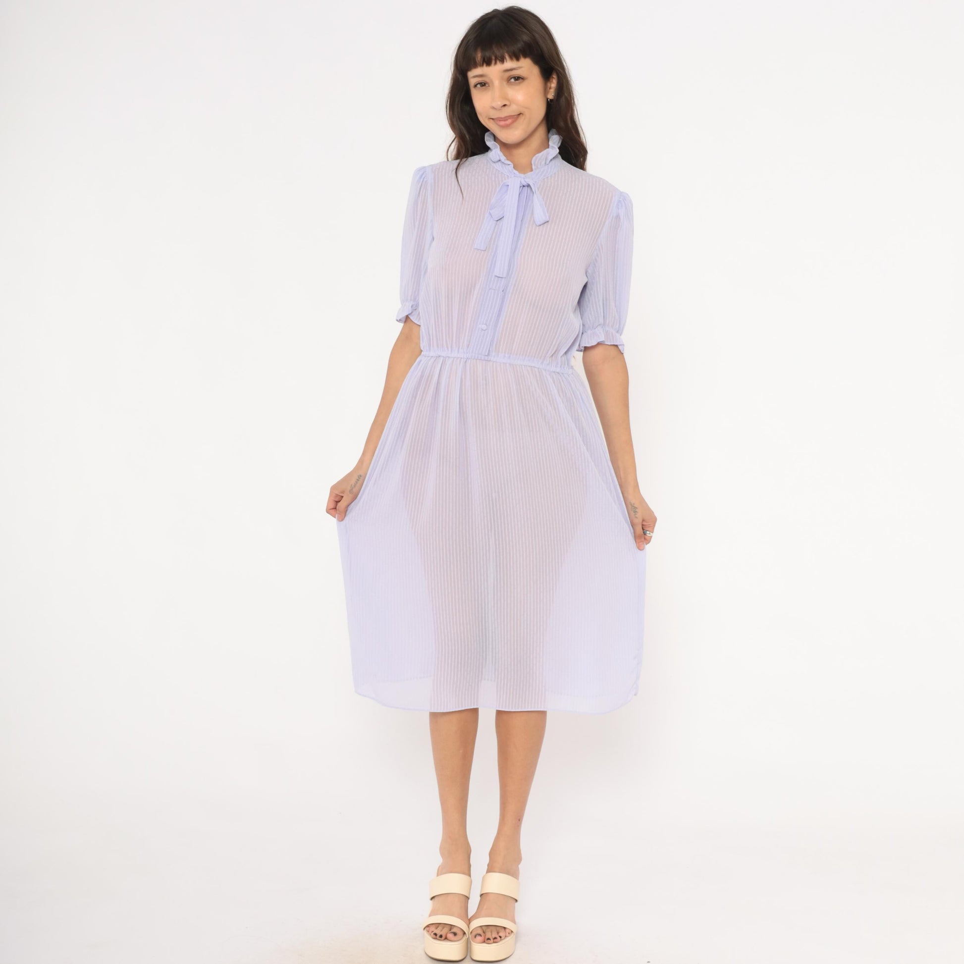 80s Lavender Sheer Stripe Dress Puff Sleeve Bow Tie Ruffle Collar Small
