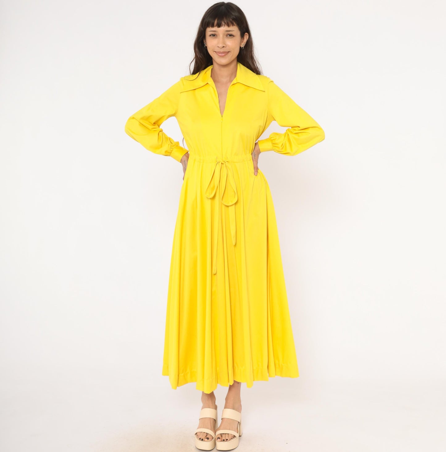 70s Vanity Fair Yellow Maxi Dress Balloon Sleeve Zip Front Gathered Skirt Medium