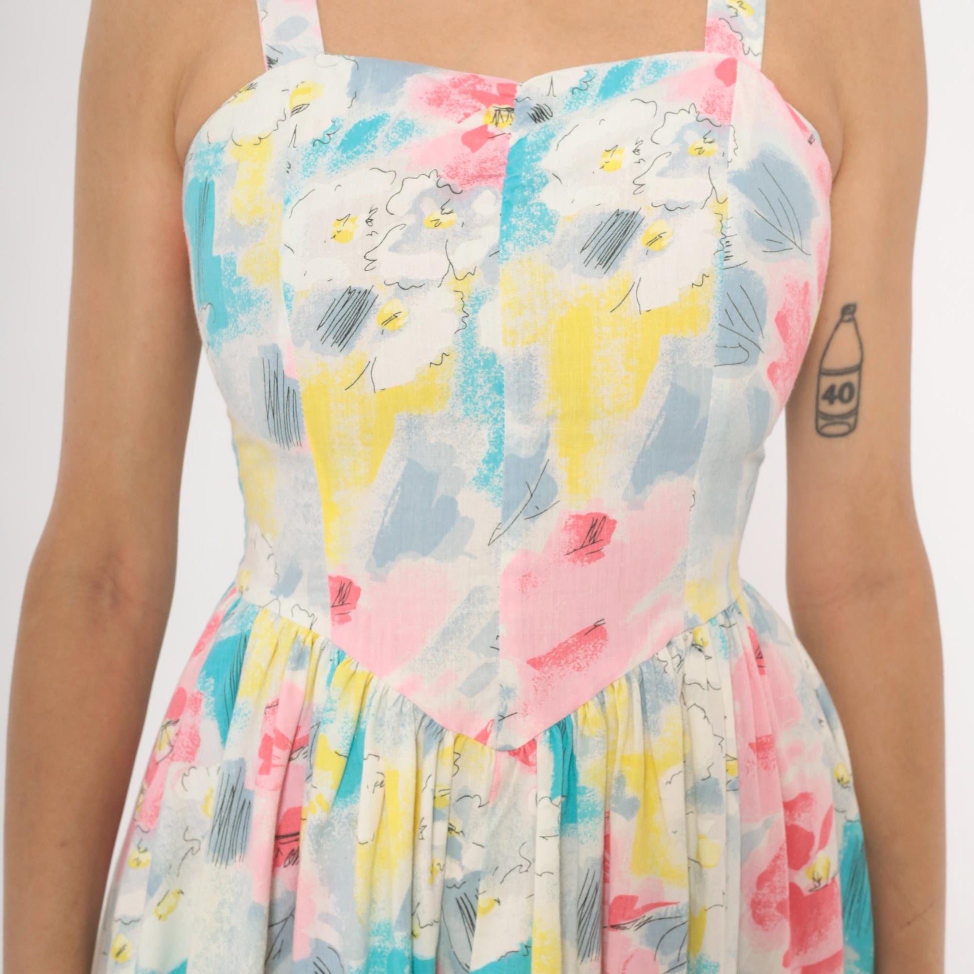 80s Pea Patch Watercolor Floral Sundress Sweetheart Basque Waist Small
