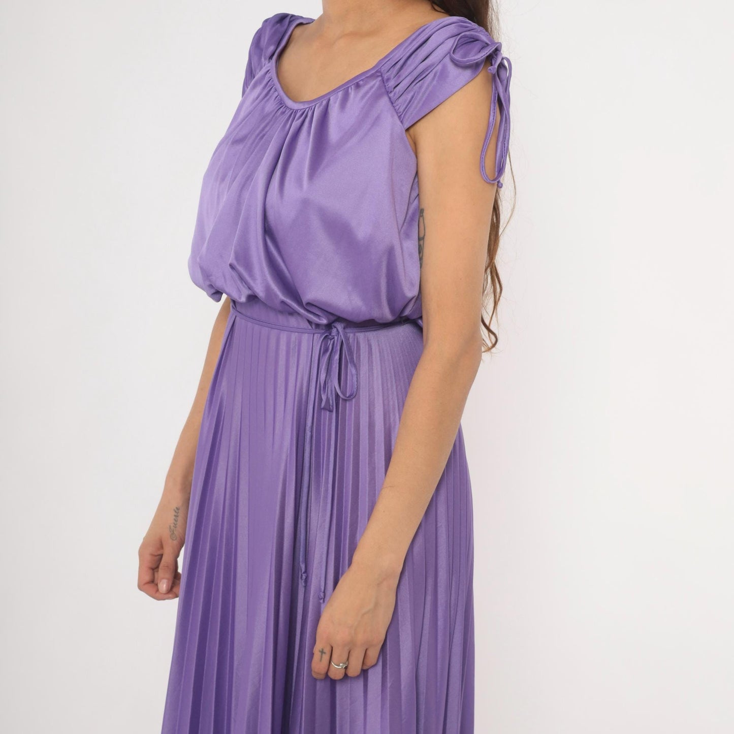70s Lavender Pleated Maxi Dress Satin Blouson Bodice Tie Shoulder Small S