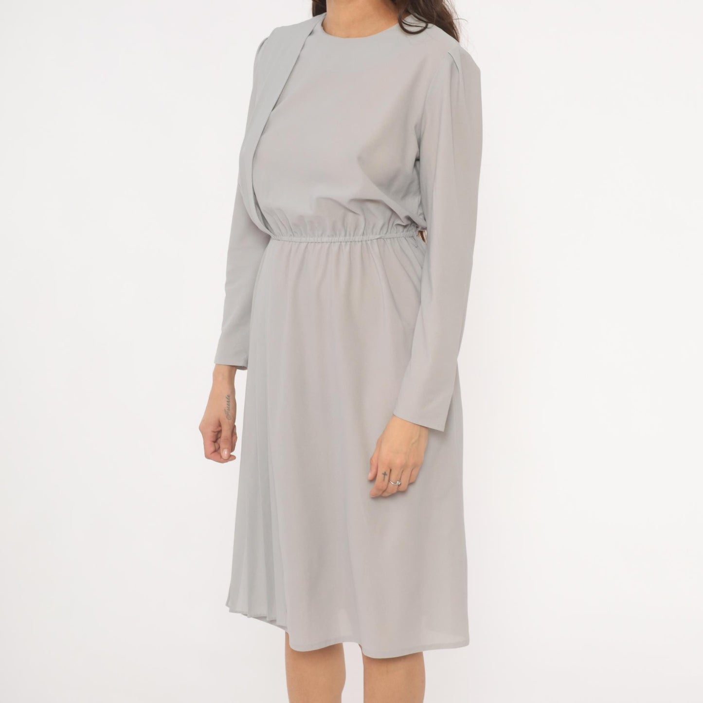 80s Grey Pleated Front Dress Pearl Button Back Long Sleeve Knee Length Small S