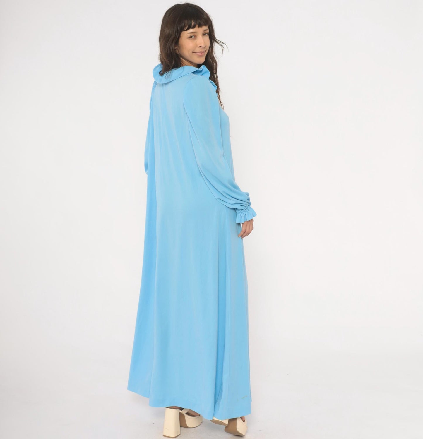 70s Sky Blue Maxi Dress Ruffle Collar Puff Sleeve A-Line Large L