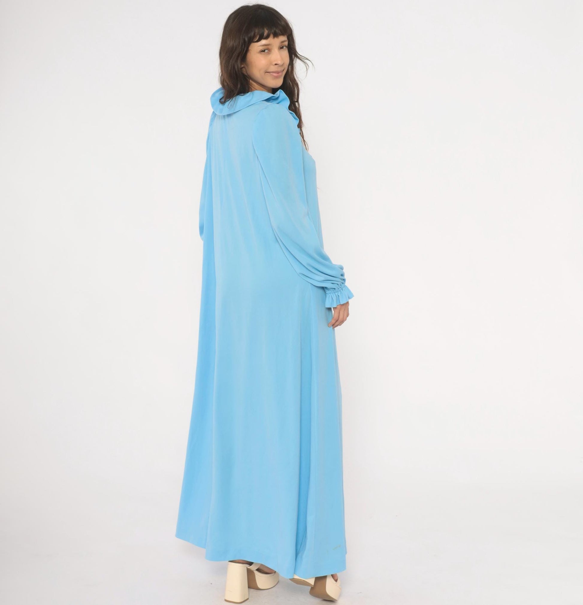 70s Sky Blue Maxi Dress Ruffle Collar Puff Sleeve A-Line Large L