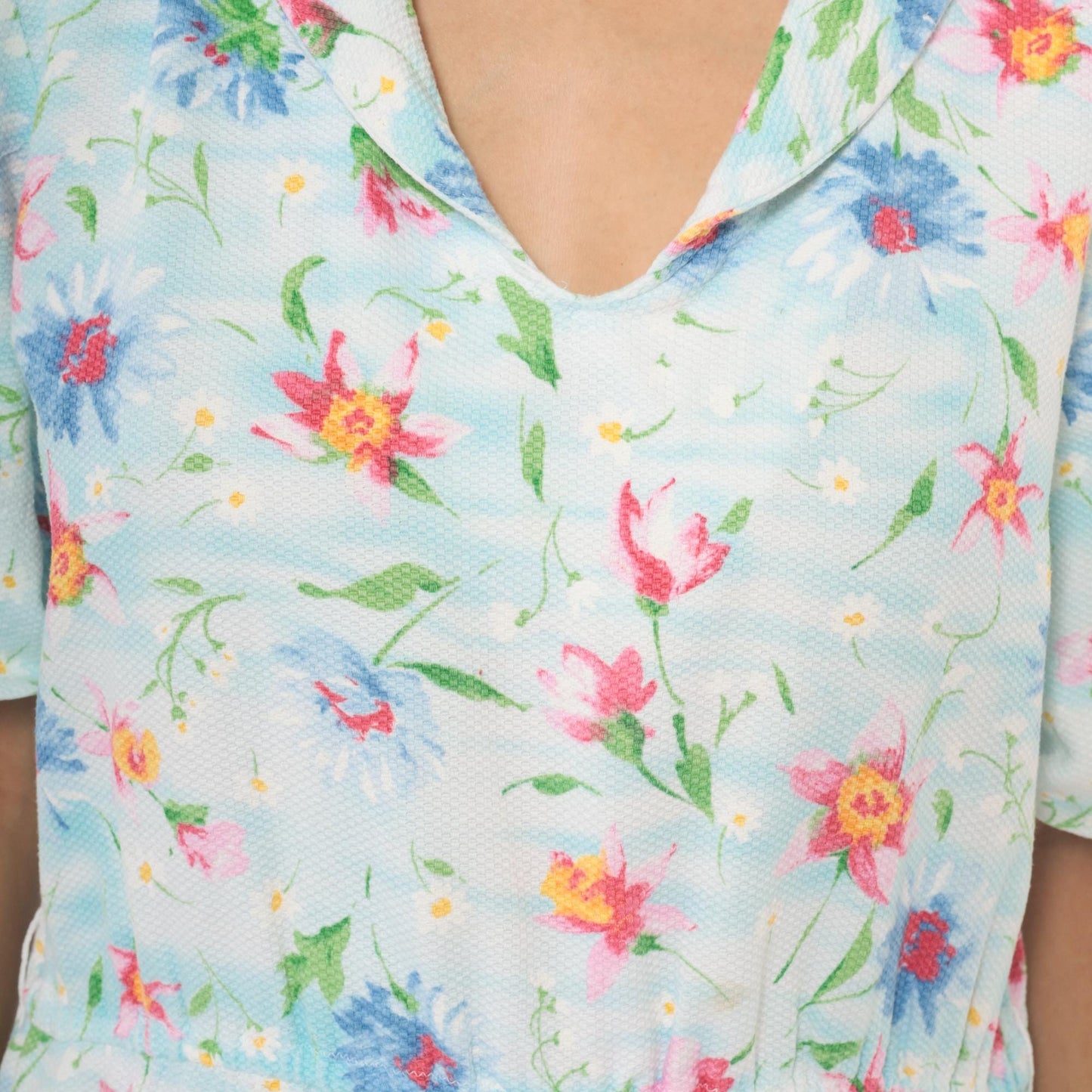 90s Light Blue Wildflower Cotton Midi Dress Pink Floral Gathered Waist Large L