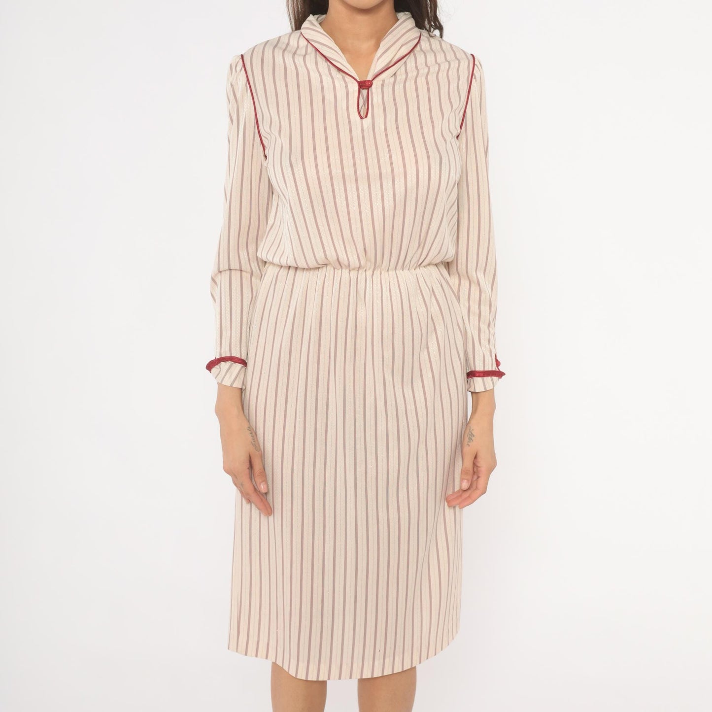 80s Striped Blouson Dress Cream Burgundy Keyhole Neckline Knee Length Small S