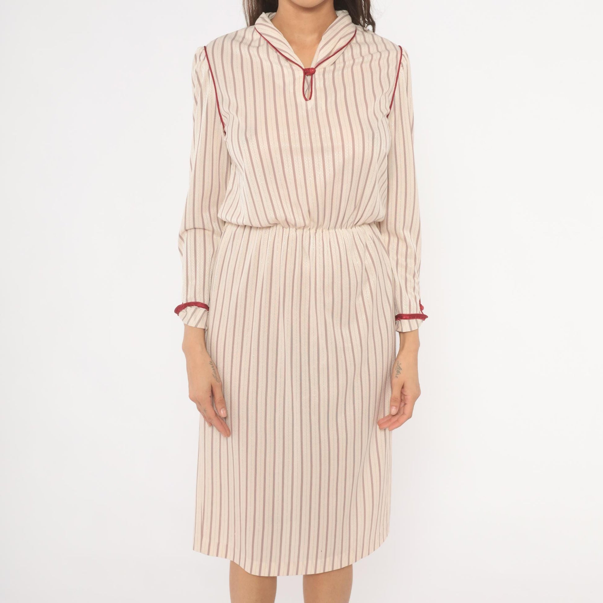 80s Striped Blouson Dress Cream Burgundy Keyhole Neckline Knee Length Small S