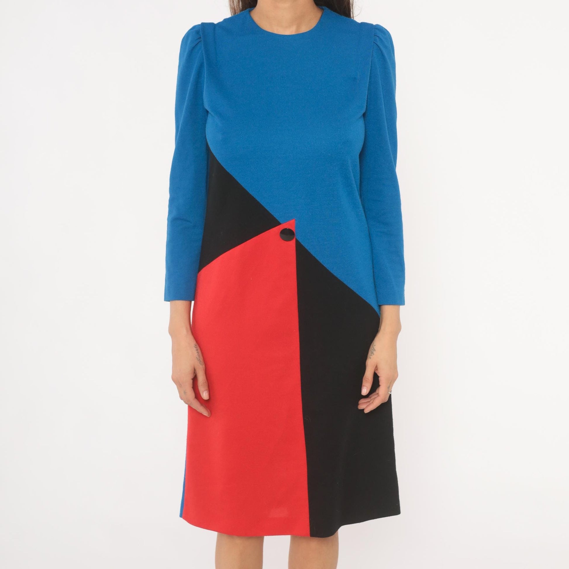 80s Leslie Fay Color Block Dress Cobalt Blue Red Black Geometric Knee Length Small S
